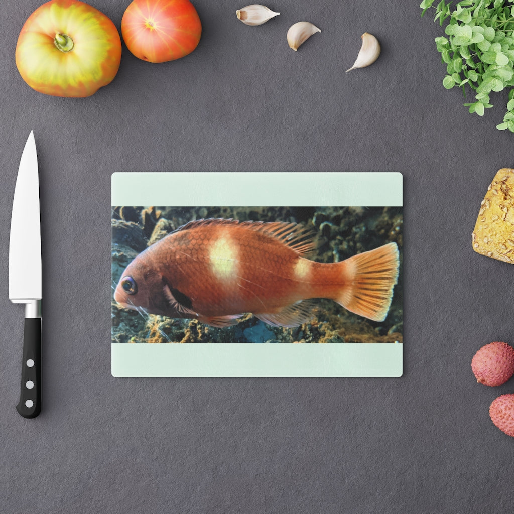 Orange Fish Cutting Board made of tempered glass with rubber dots for stability, featuring a vibrant fish design.
