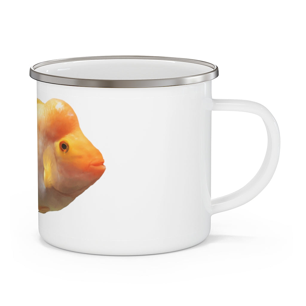 Orange Fish Enamel Camping Mug with a C-handle, showcasing a vibrant design and durable enamel finish, perfect for outdoor adventures.