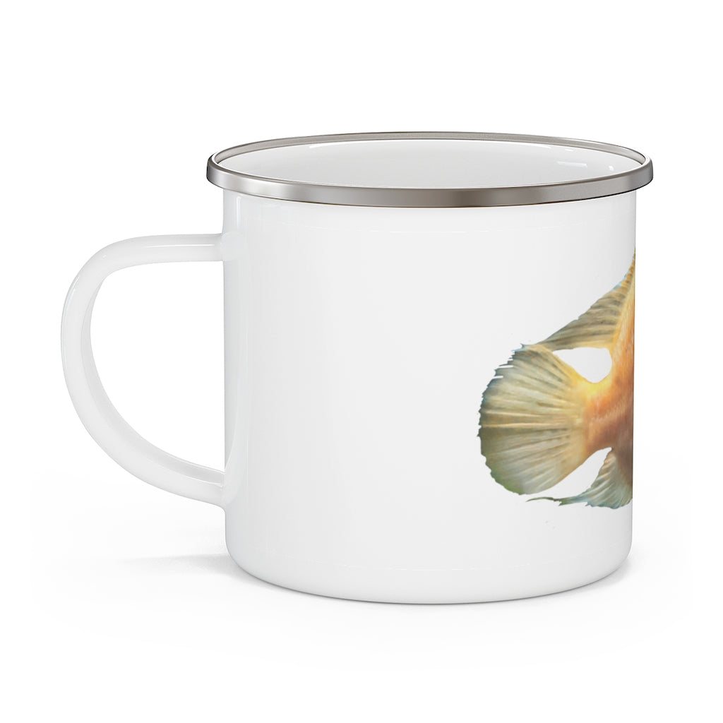 Orange Fish Enamel Camping Mug with a C-handle, showcasing a vibrant design and durable enamel finish, perfect for outdoor adventures.