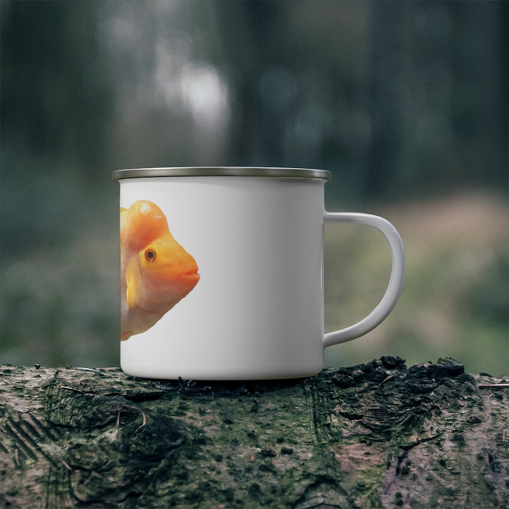 Orange Fish Enamel Camping Mug with a C-handle, showcasing a vibrant design and durable enamel finish, perfect for outdoor adventures.