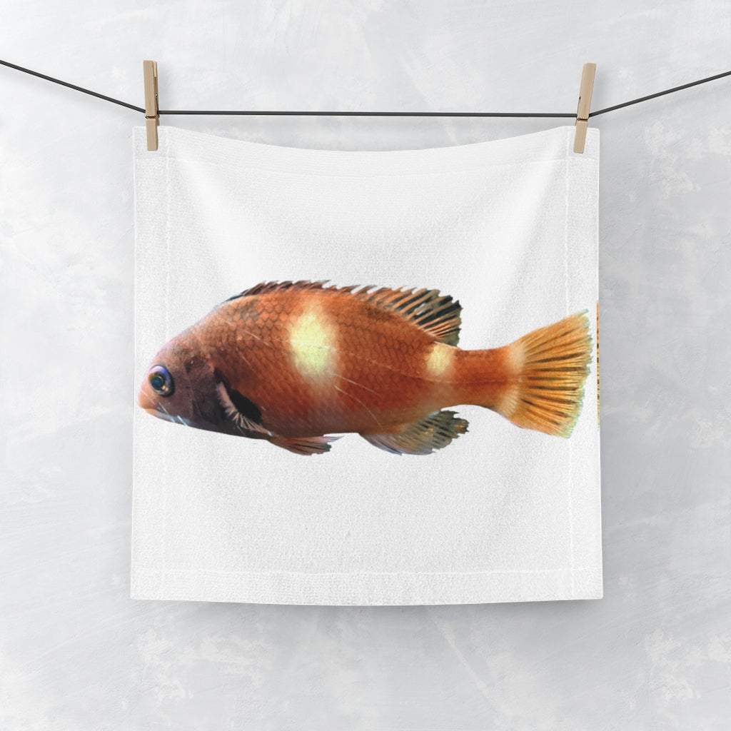 Orange Fish Face Towel featuring a vibrant design on a polyester front and soft cotton back, perfect for drying and customization.