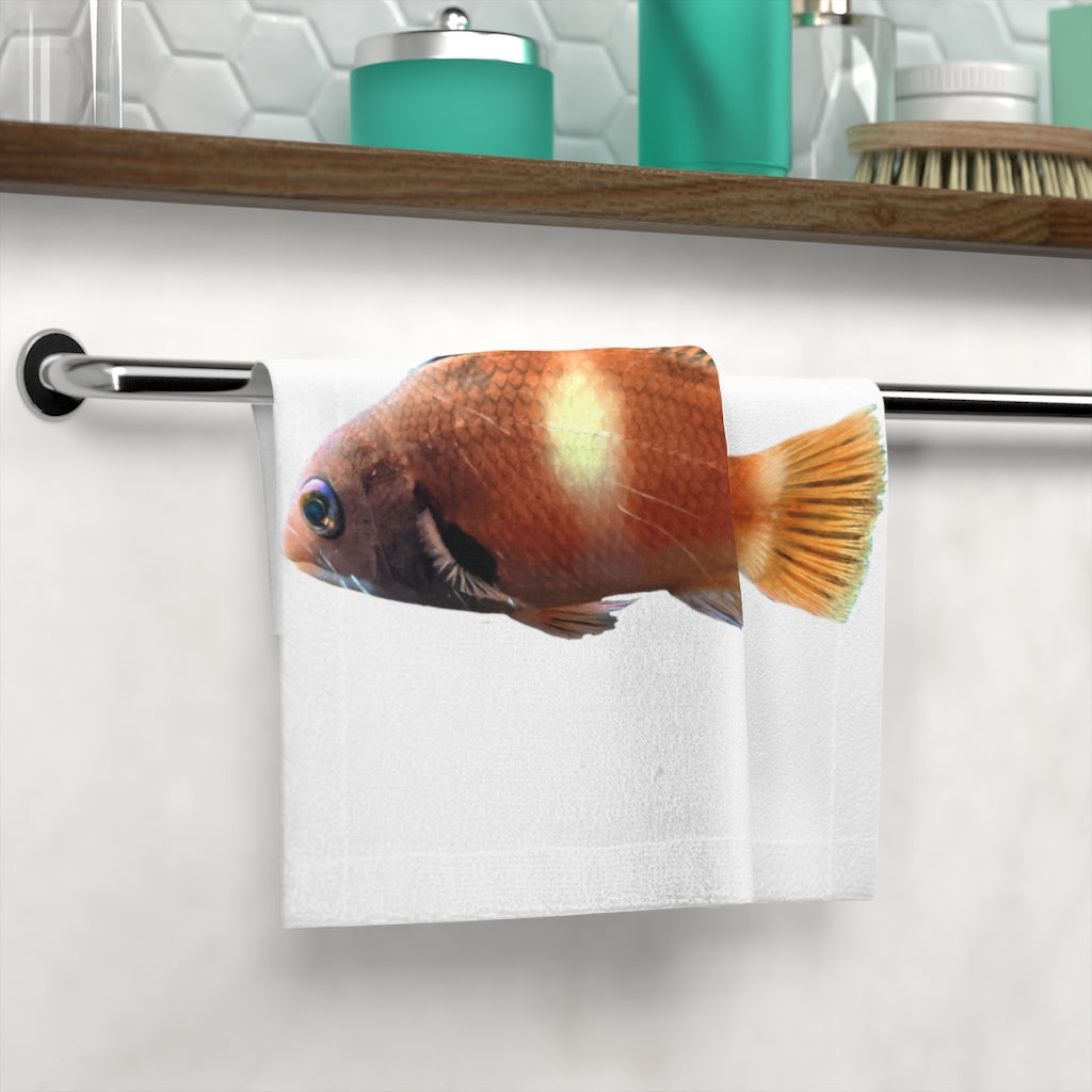 Orange Fish Face Towel featuring a vibrant fish design on a soft polyester front and absorbent cotton back.