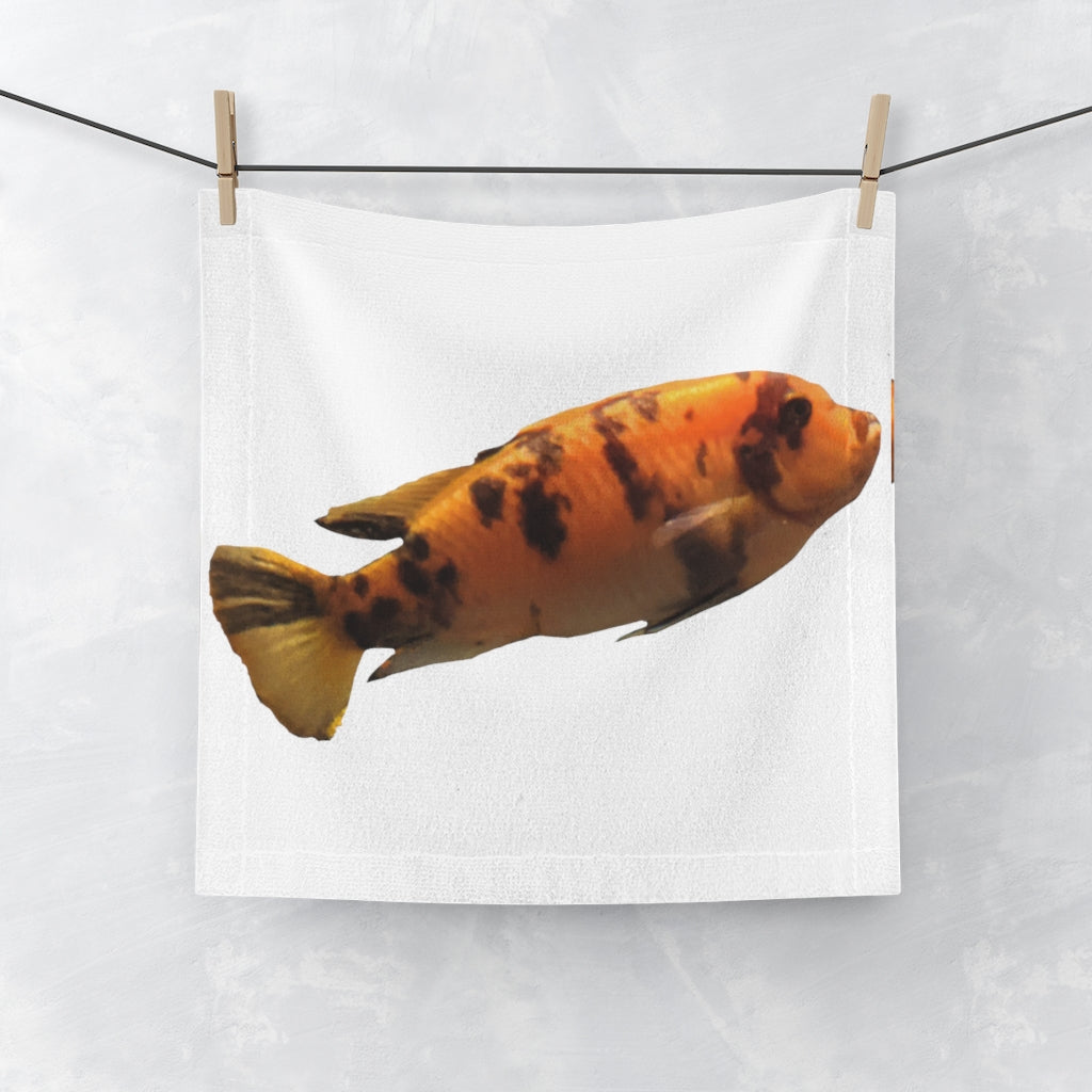 Orange Fish Face Towel featuring a vibrant fish design on a polyester front and soft cotton back, perfect for drying your face.