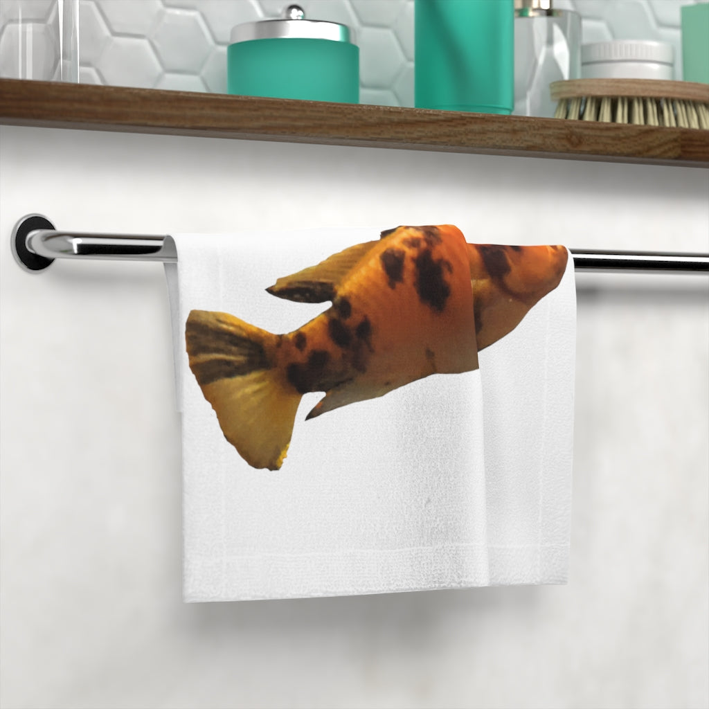 Orange Fish Face Towel featuring a vibrant fish design on a polyester front and soft cotton back, perfect for drying your face.