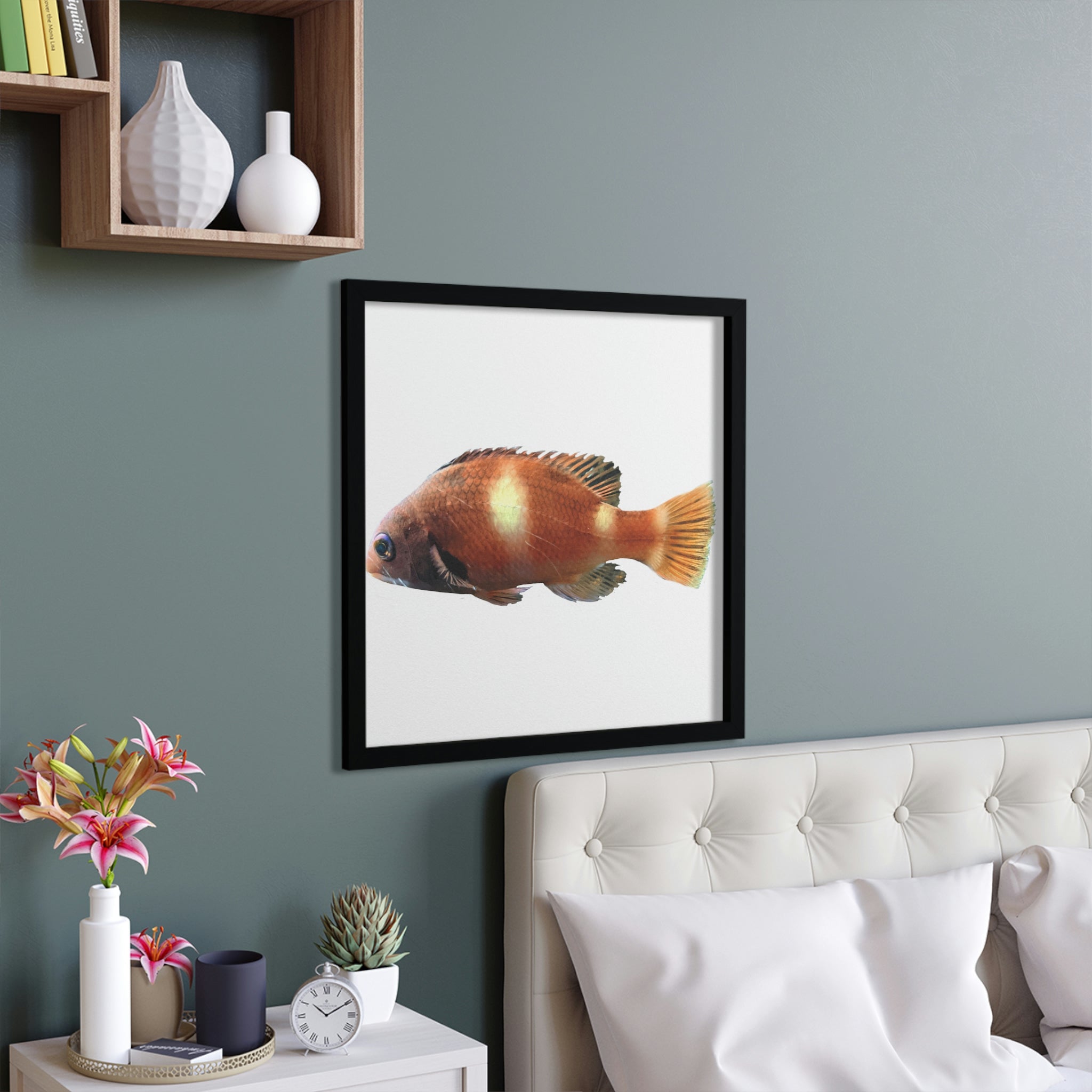A vibrant Orange Fish Framed Poster with a hand-crafted wooden frame, showcasing a colorful fish design perfect for home decor.