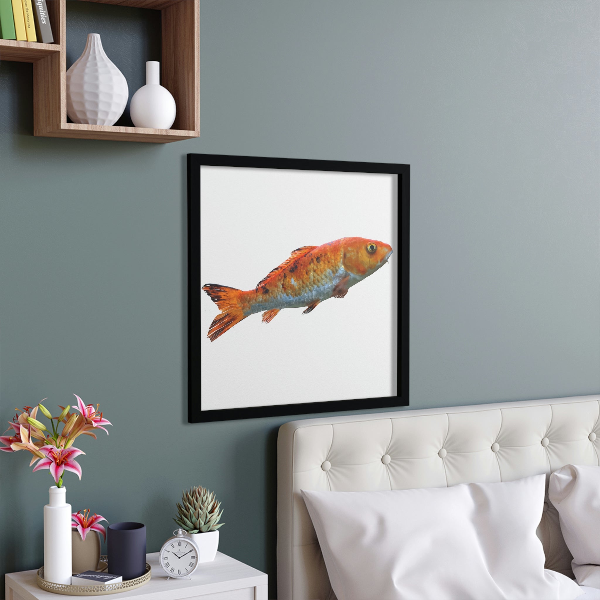 A vibrant Orange Fish Framed Poster showcasing a colorful fish design in a hand-crafted wooden frame, ready for hanging.