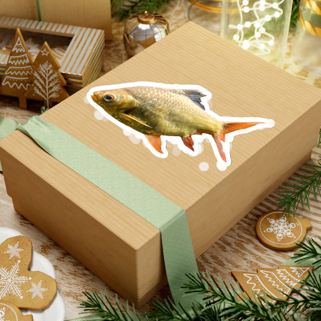 Colorful orange fish kiss-cut stickers on a white background, showcasing various shapes and sizes.