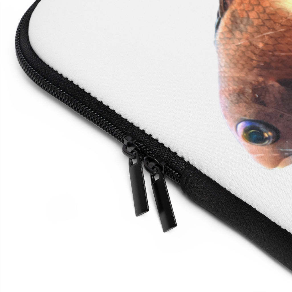 Orange Fish Laptop Sleeve featuring a vibrant fish design on the front and a solid black back, ideal for protecting laptops.