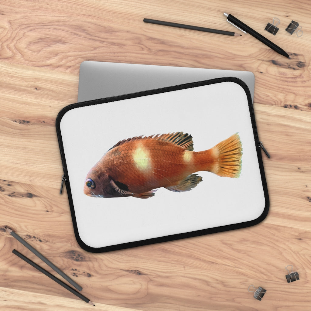 Orange Fish Laptop Sleeve featuring a vibrant fish design on the front and a solid black back, ideal for protecting laptops.