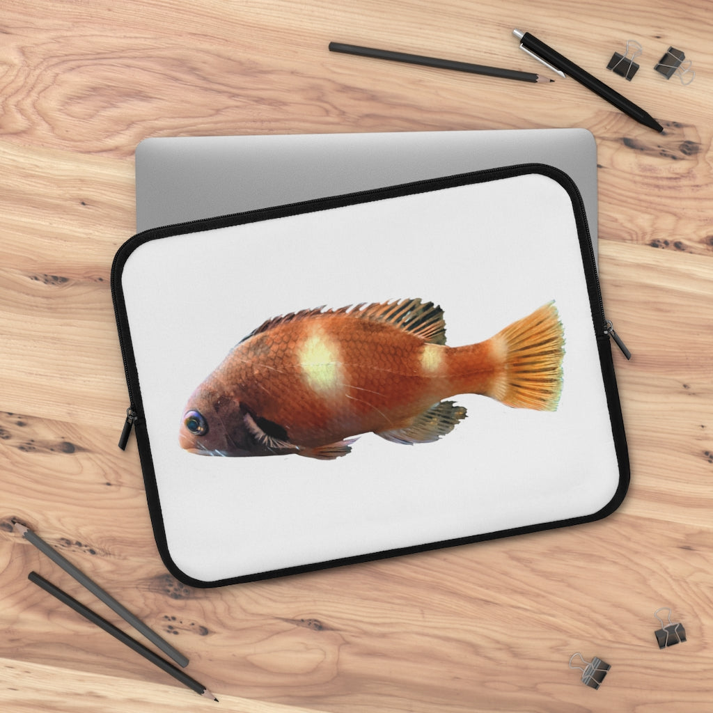 Orange Fish Laptop Sleeve featuring a vibrant fish design on the front and a solid black back, ideal for protecting laptops.