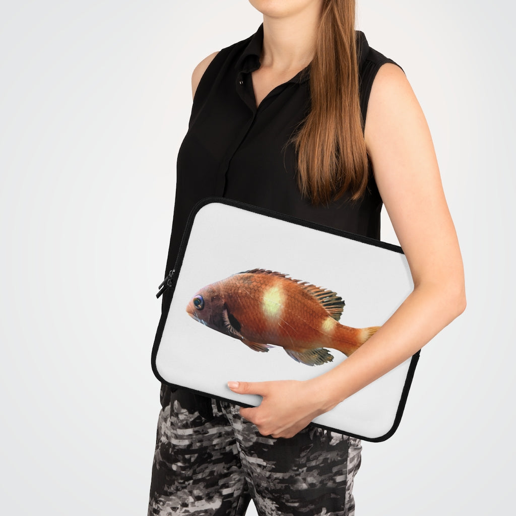 Orange Fish Laptop Sleeve featuring a vibrant fish design on the front and a solid black back, ideal for protecting laptops.