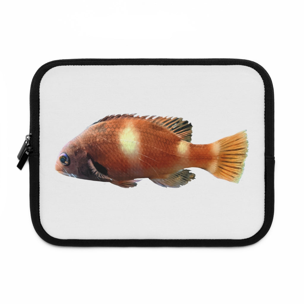 Orange Fish Laptop Sleeve featuring a vibrant fish design on the front and a solid black back, ideal for protecting laptops.