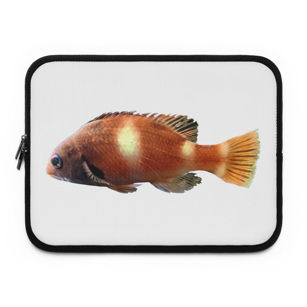 Orange Fish Laptop Sleeve featuring a vibrant fish design on the front and a solid black back, ideal for protecting laptops.