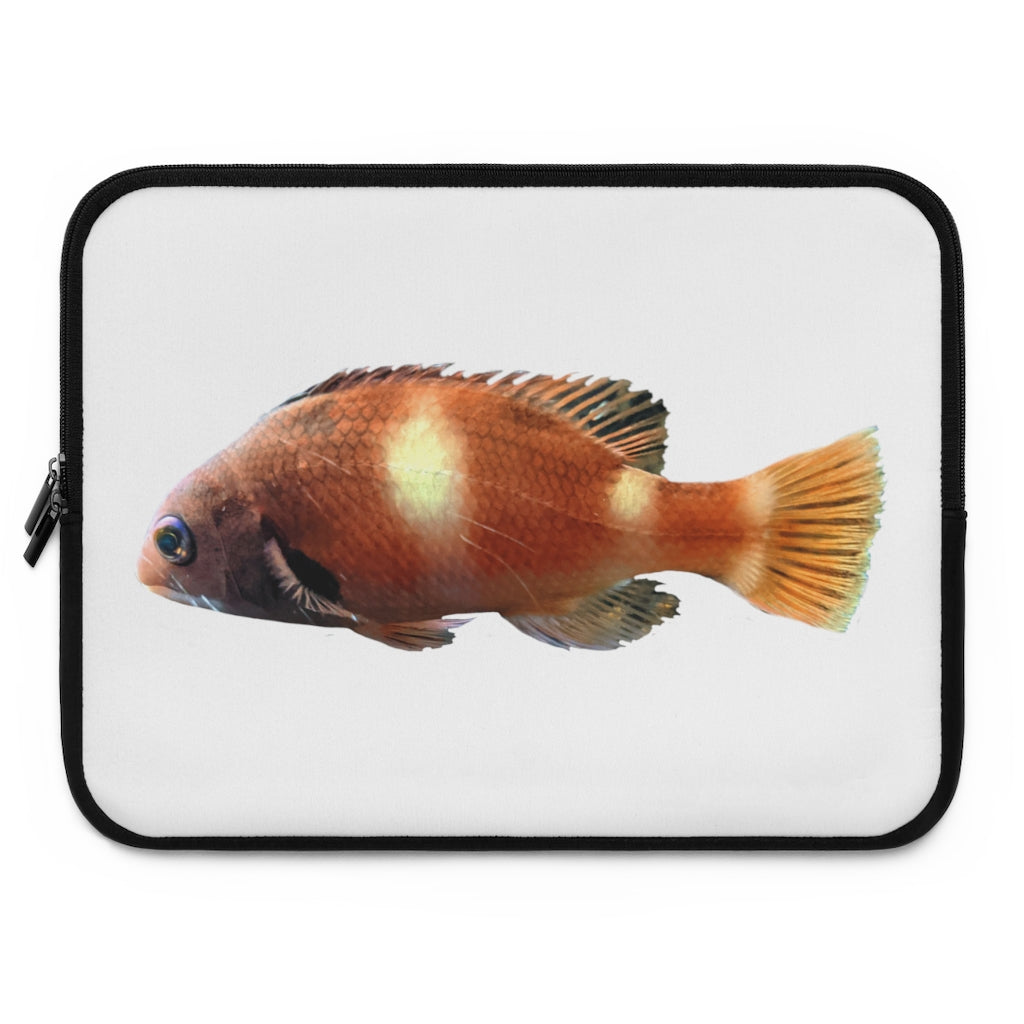 Orange Fish Laptop Sleeve featuring a vibrant fish design on the front and a solid black back, ideal for protecting laptops.