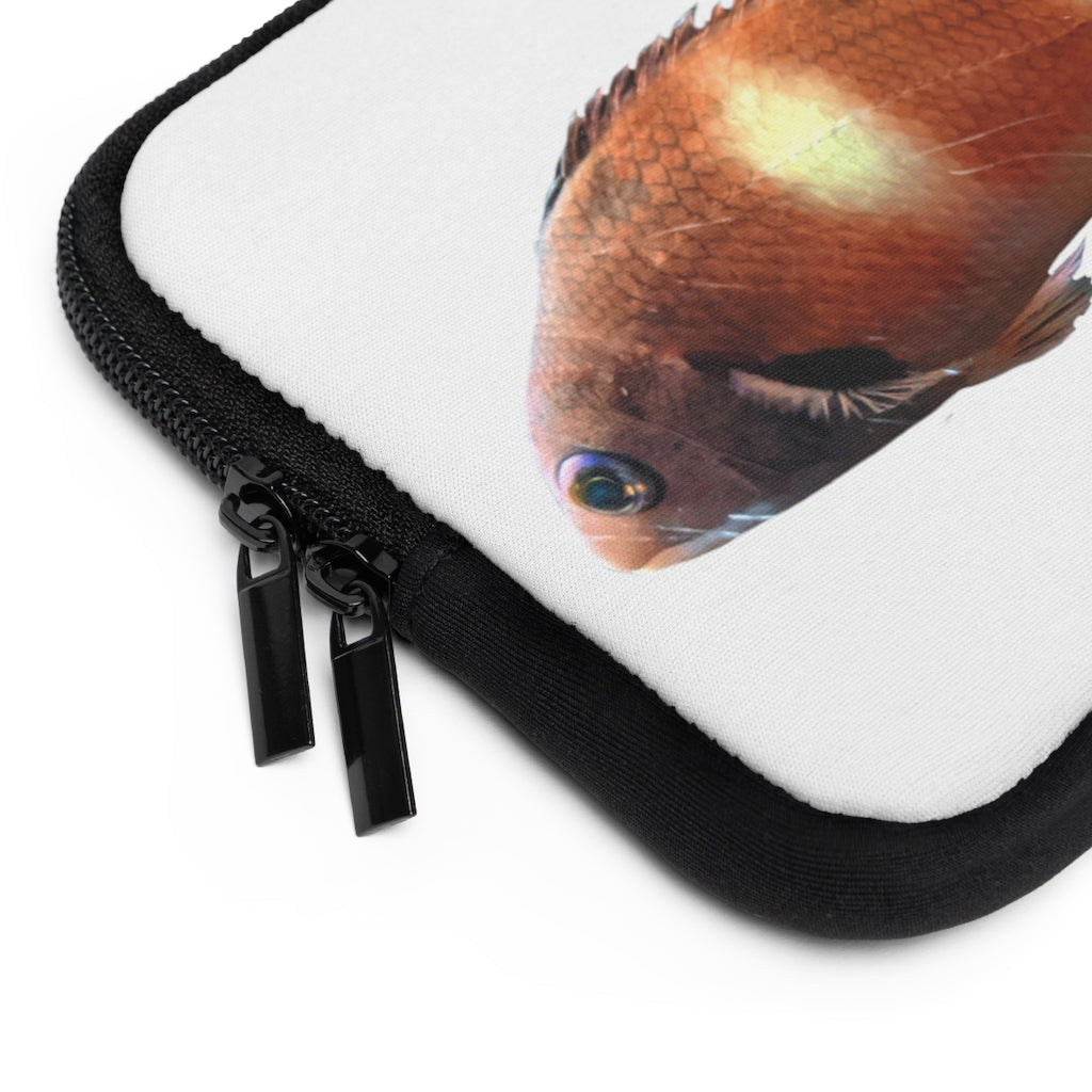 Orange Fish Laptop Sleeve featuring a vibrant fish design on the front and a solid black back, ideal for protecting laptops.