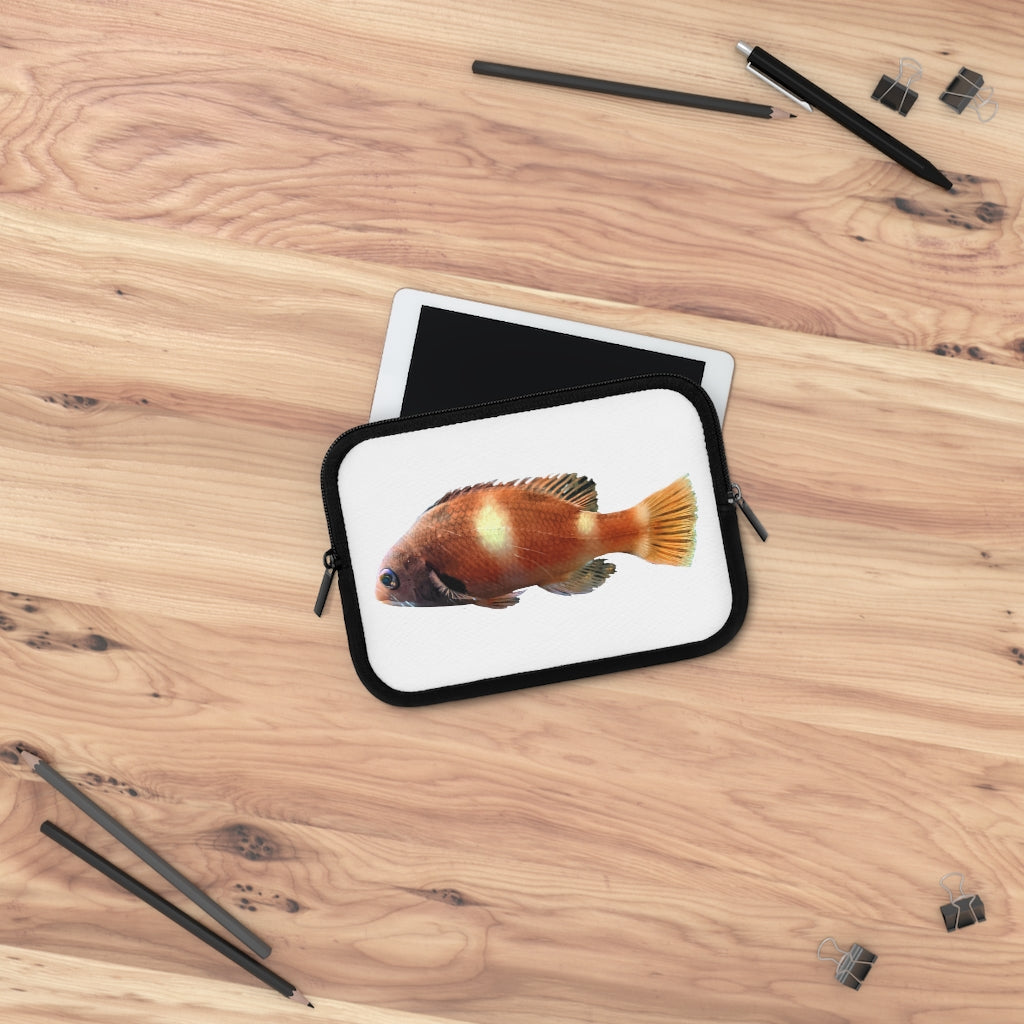 Orange Fish Laptop Sleeve featuring a vibrant fish design on the front and a solid black back, ideal for protecting laptops.