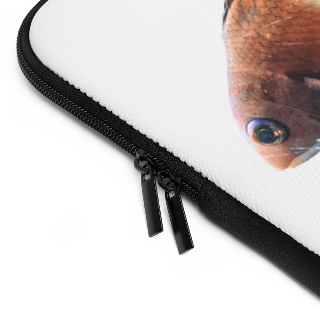 Orange Fish Laptop Sleeve featuring a vibrant fish design on the front and a solid black back, ideal for protecting laptops.