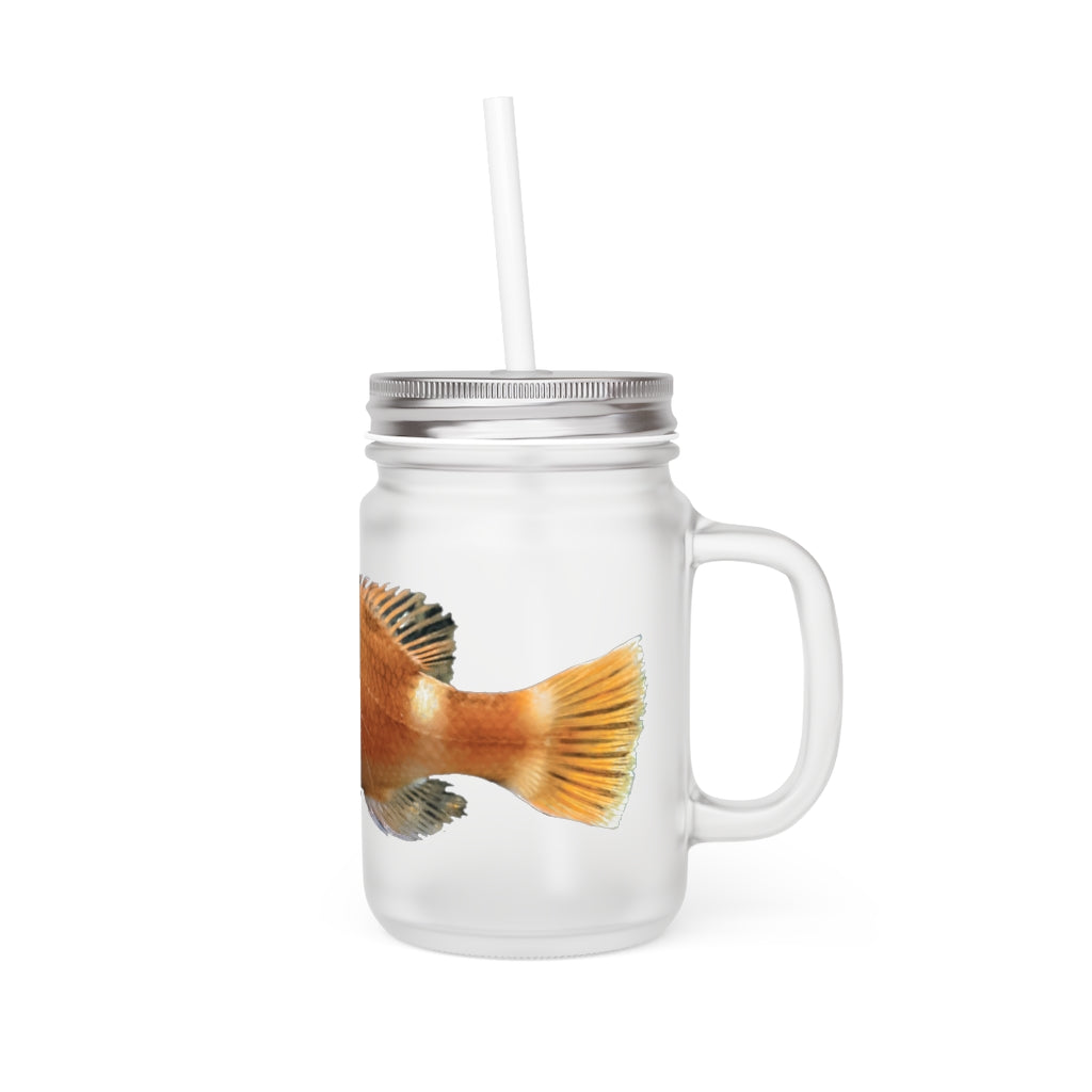 Orange Fish Mason Jar with straw and lid, showcasing frosted glass design.