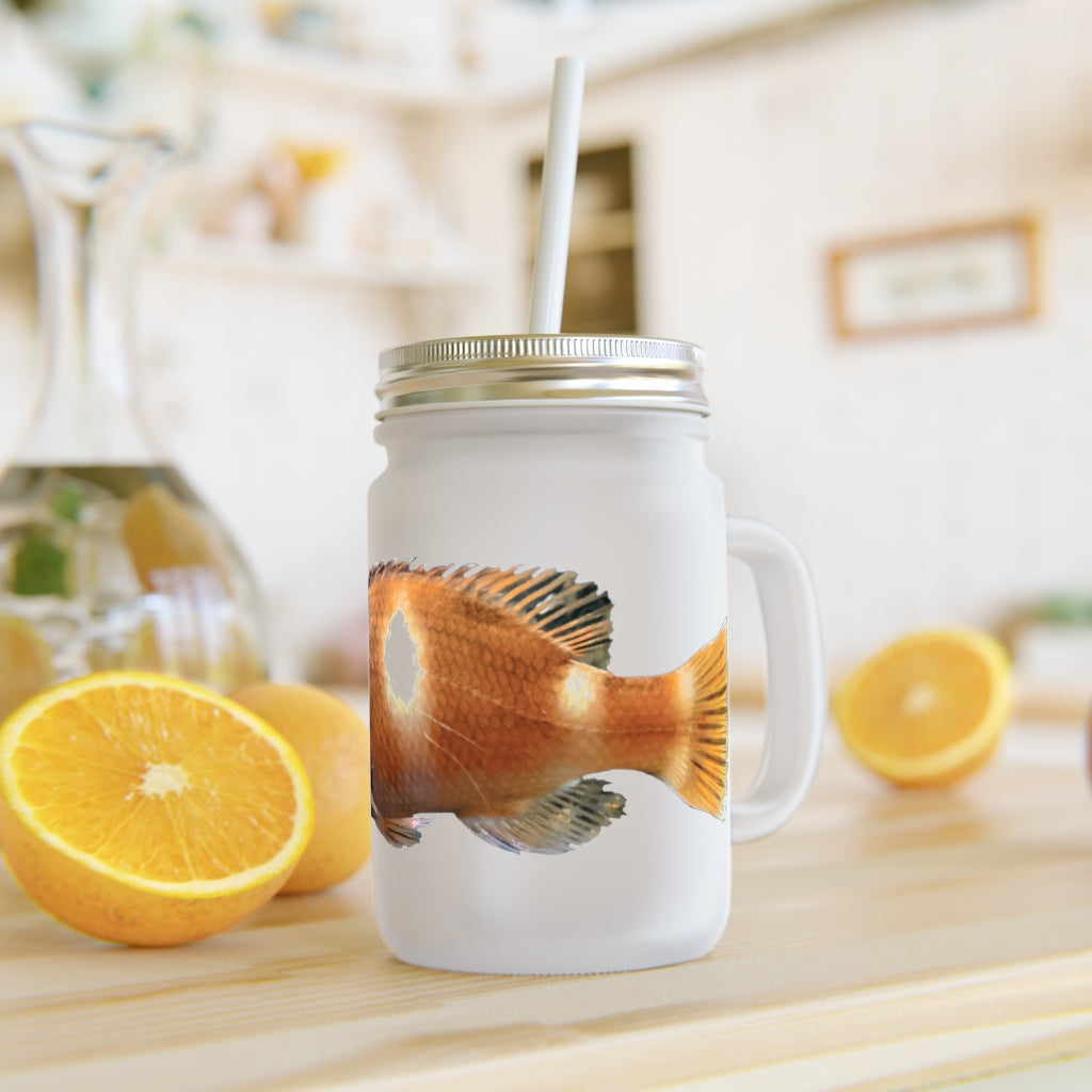 Orange Fish Mason Jar with straw and lid, showcasing frosted glass design.