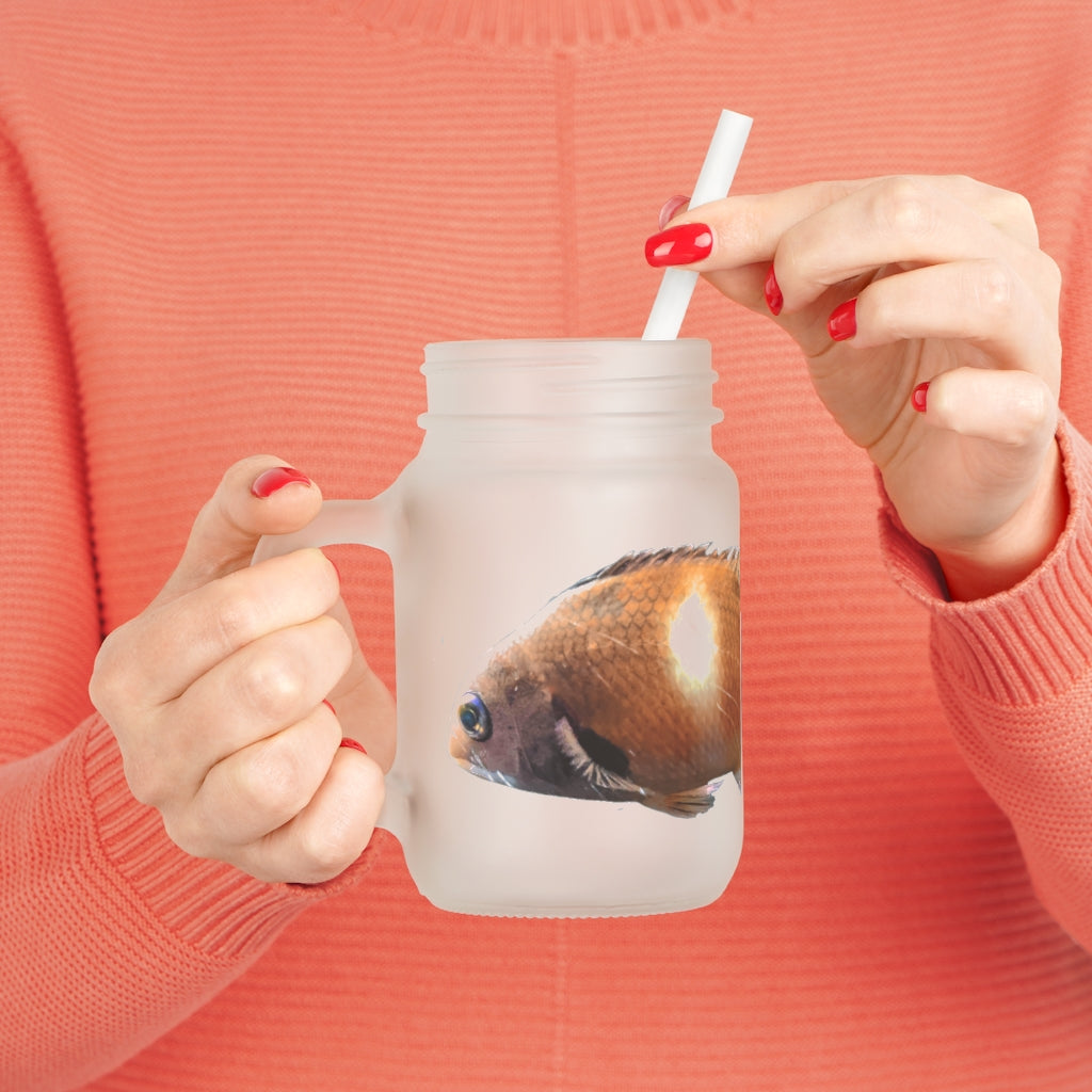 Orange Fish Mason Jar with straw and lid, showcasing frosted glass design.