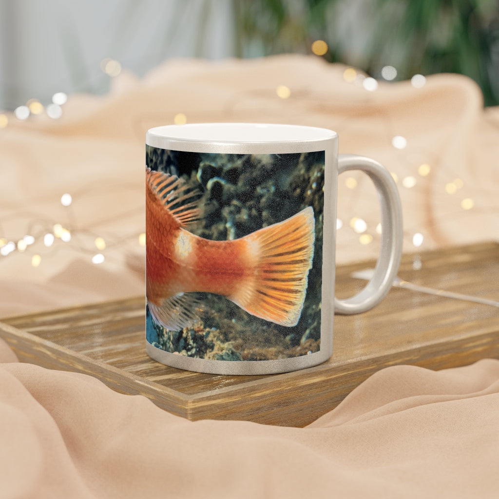 Orange Fish Metallic Mug with Gold and Silver coating, showcasing a personalized design option.