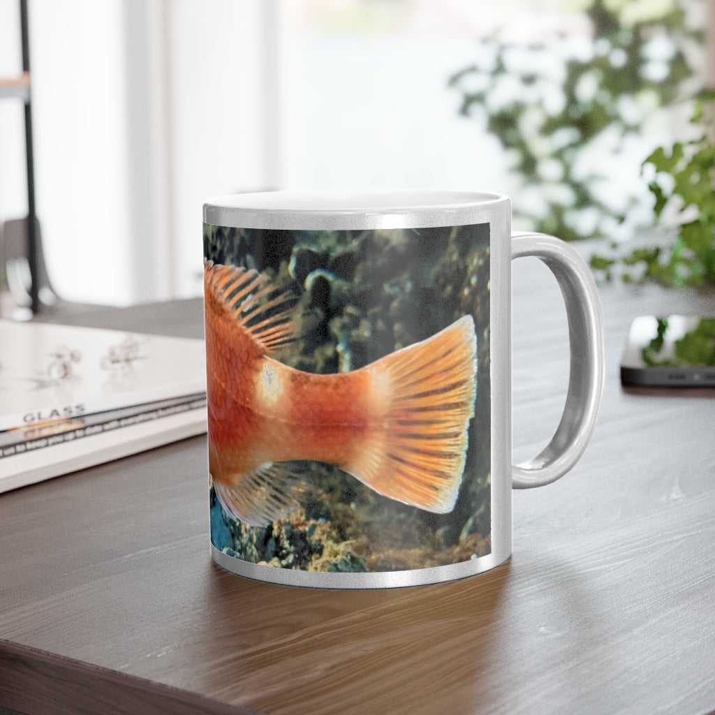 Orange Fish Metallic Mug with Gold and Silver coating, showcasing a personalized design option.