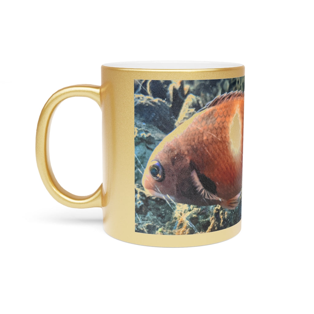 Orange Fish Metallic Mug with Gold and Silver coating, showcasing a personalized design option.