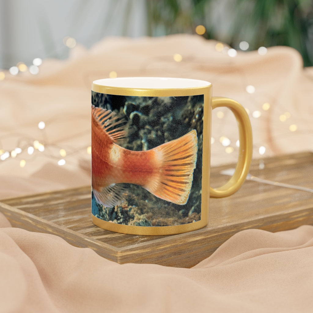 Orange Fish Metallic Mug with Gold and Silver coating, showcasing a personalized design option.