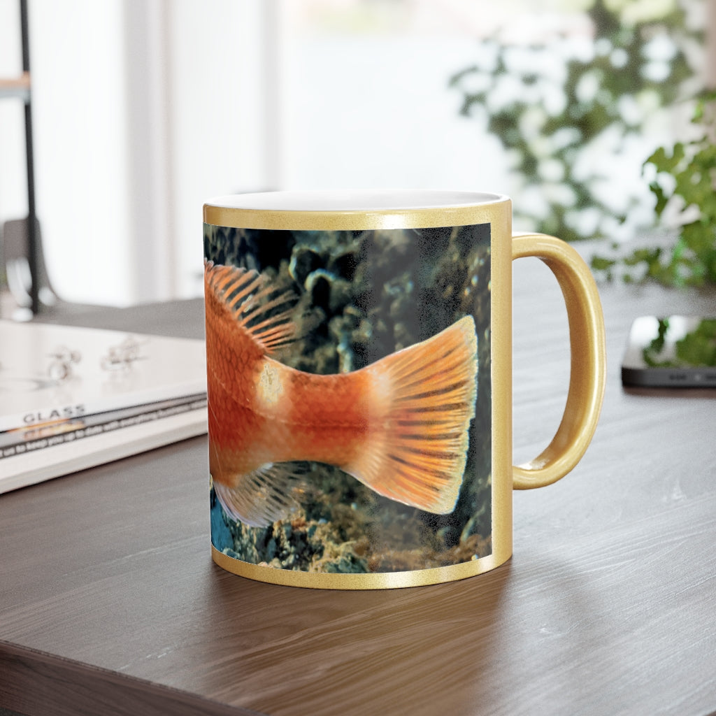 Orange Fish Metallic Mug with Gold and Silver coating, showcasing a personalized design option.