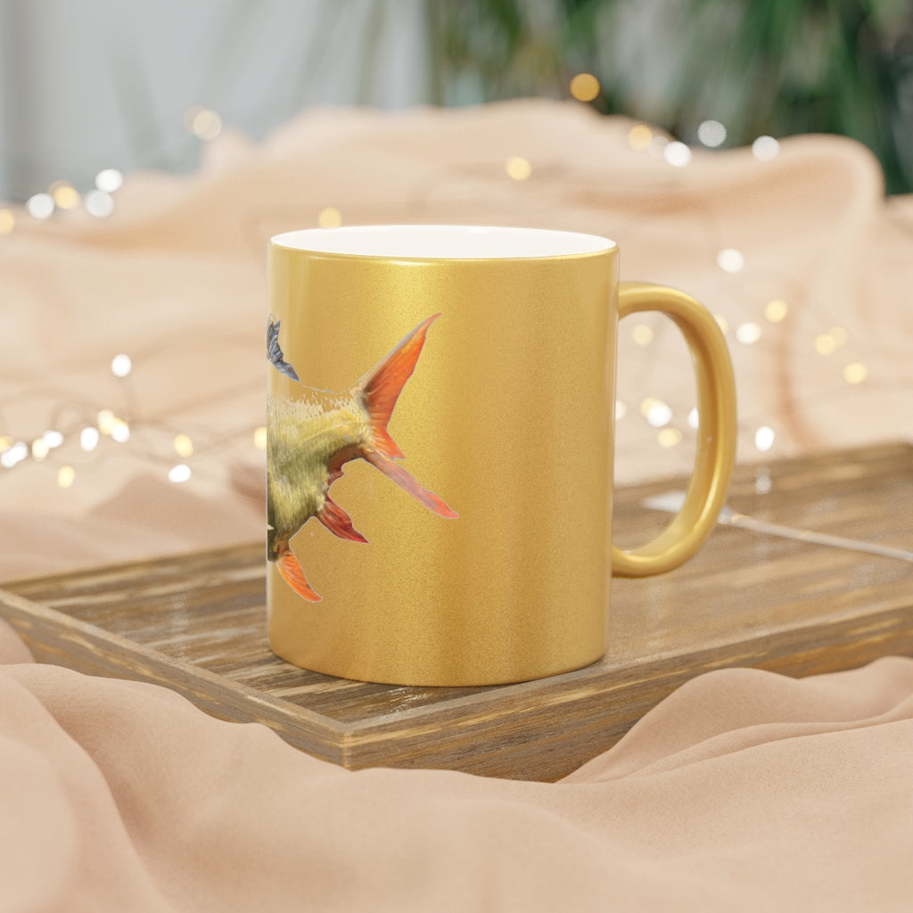 Orange Fish Metallic Mug with Gold and Silver coating, showcasing a personalized design on a ceramic surface.