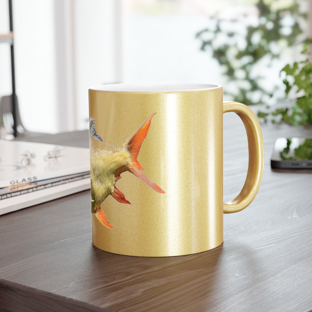 Orange Fish Metallic Mug with Gold and Silver coating, showcasing a personalized design on a ceramic surface.