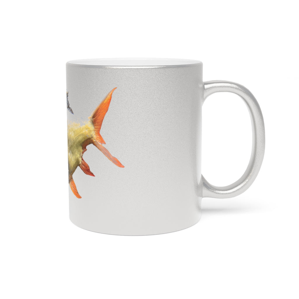 Orange Fish Metallic Mug with Gold and Silver coating, showcasing a personalized design on a ceramic surface.