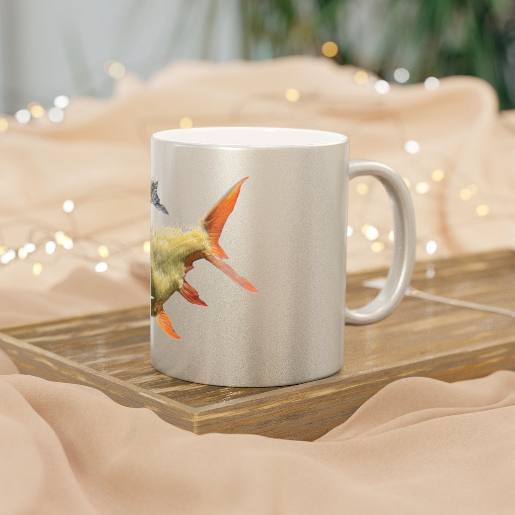 Orange Fish Metallic Mug with Gold and Silver coating, showcasing a personalized design on a ceramic surface.
