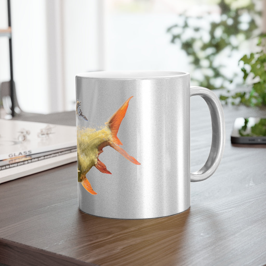 Orange Fish Metallic Mug with Gold and Silver coating, showcasing a personalized design on a ceramic surface.
