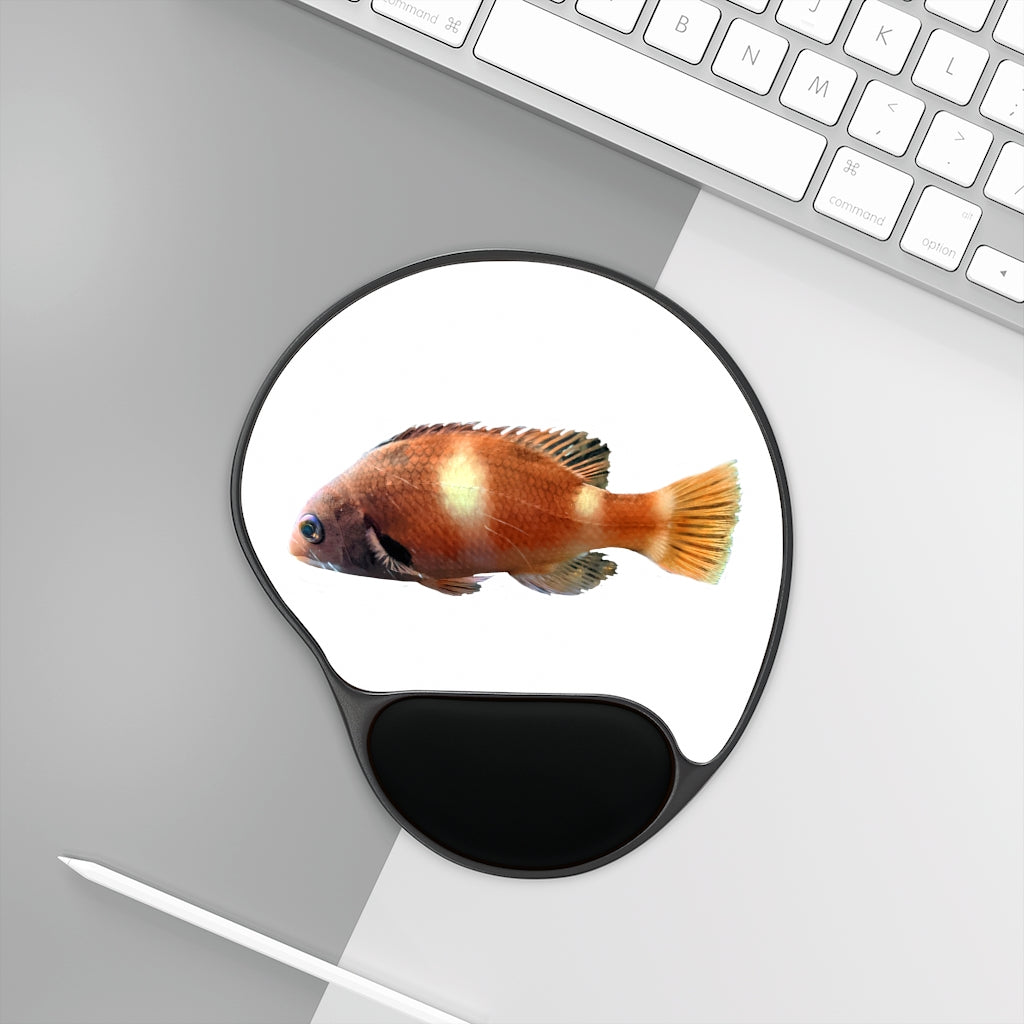Orange Fish Mouse Pad with ergonomic Memory Foam wrist rest and semi-opaque black plastic base, designed for comfort and style.