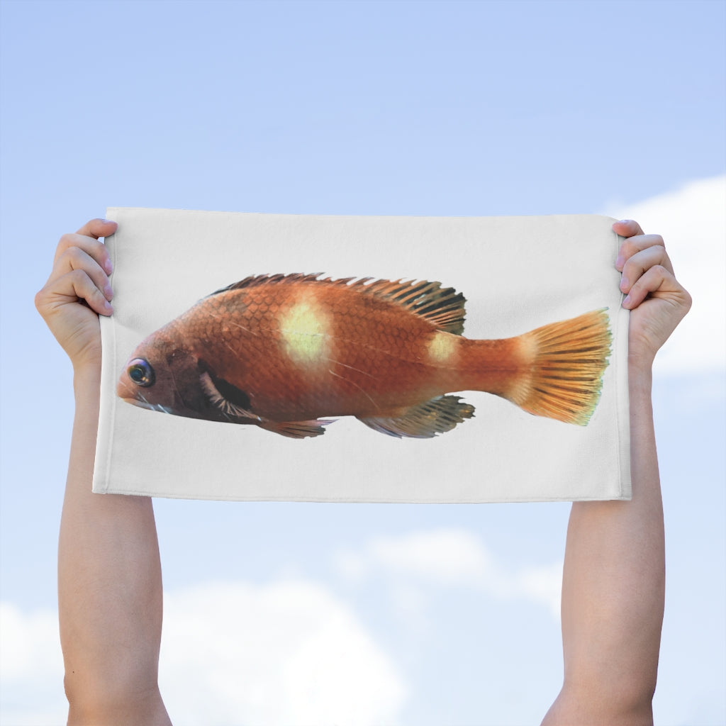 Orange Fish Rally Towel, 11x18 inches, featuring a soft polyester front and absorbent cotton backing, ideal for sports and events.