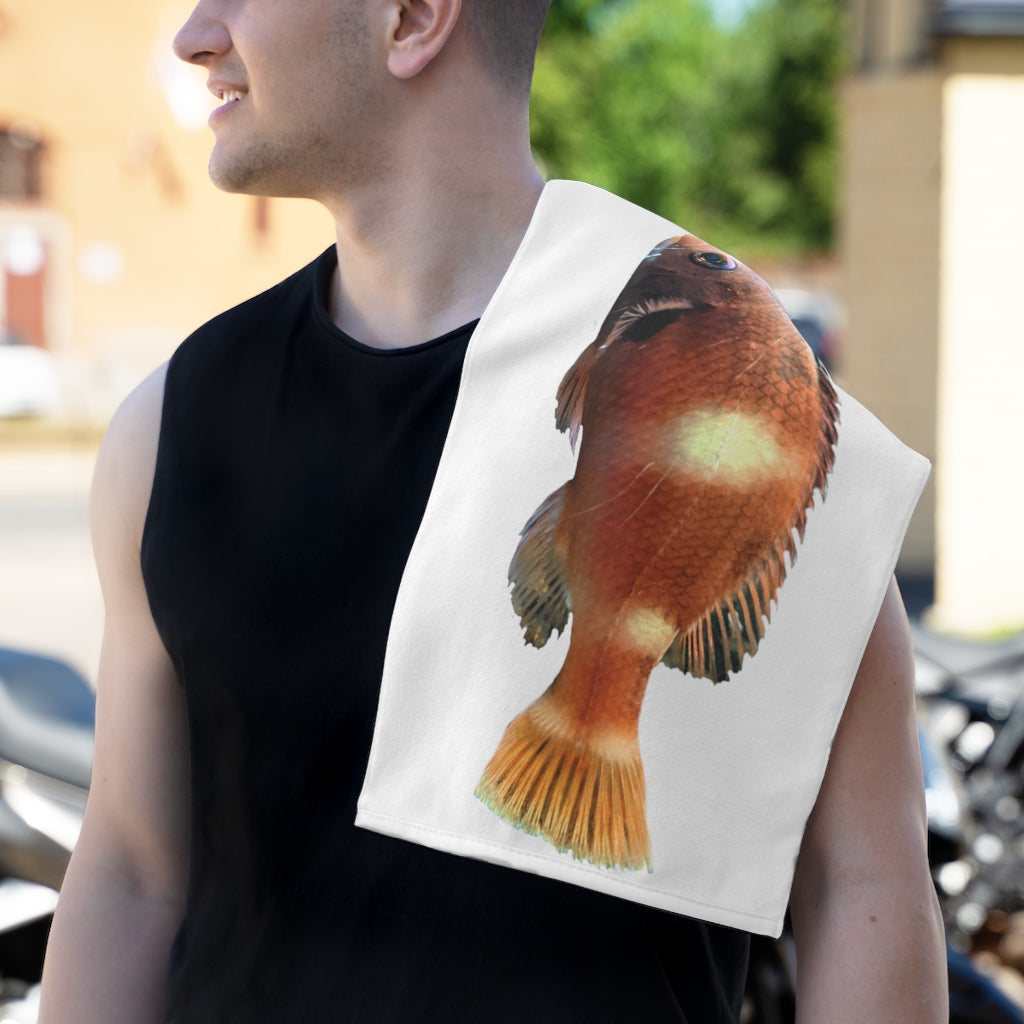 Orange Fish Rally Towel, 11x18 inches, featuring a soft polyester front and absorbent cotton backing, ideal for sports and events.