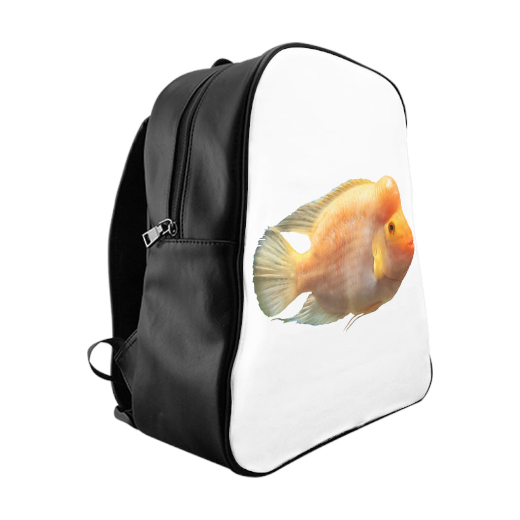 Orange Fish School Backpack featuring a vibrant fish print, padded back, and chocolate brown lining, perfect for school and everyday use.