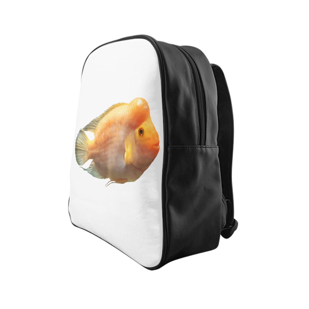 Orange Fish School Backpack featuring a vibrant fish print, padded back, and chocolate brown lining, perfect for school and everyday use.