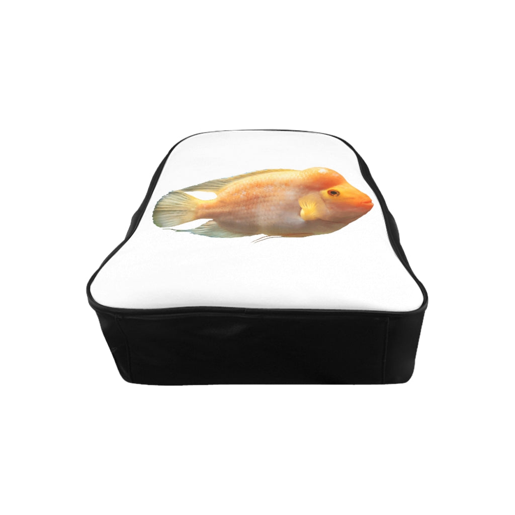 Orange Fish School Backpack featuring a vibrant fish print, padded back, and chocolate brown lining, perfect for school and everyday use.