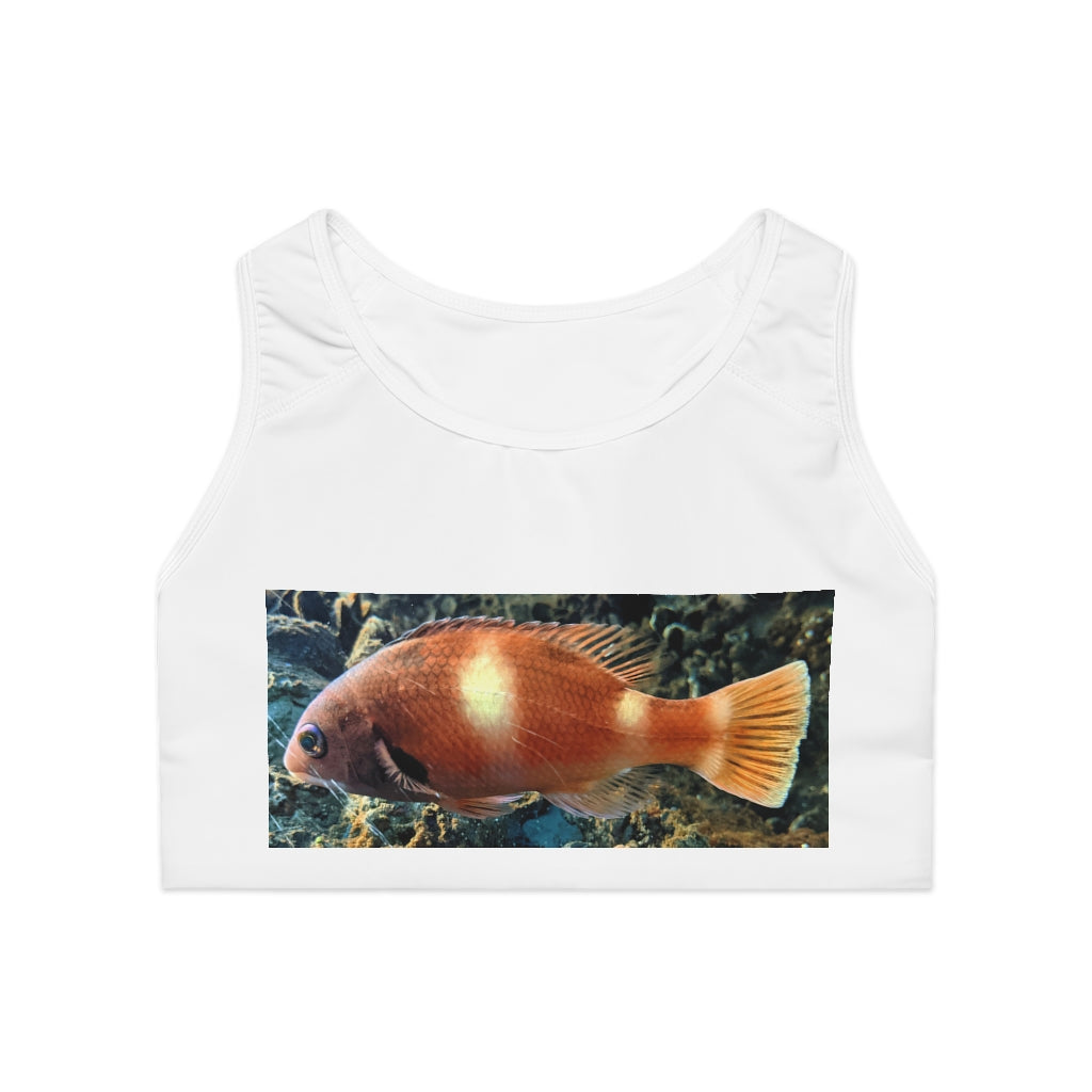 Orange Fish Sports Bra featuring a vibrant all-over-print design, double-layer front, and comfortable compression fit, ideal for active women.