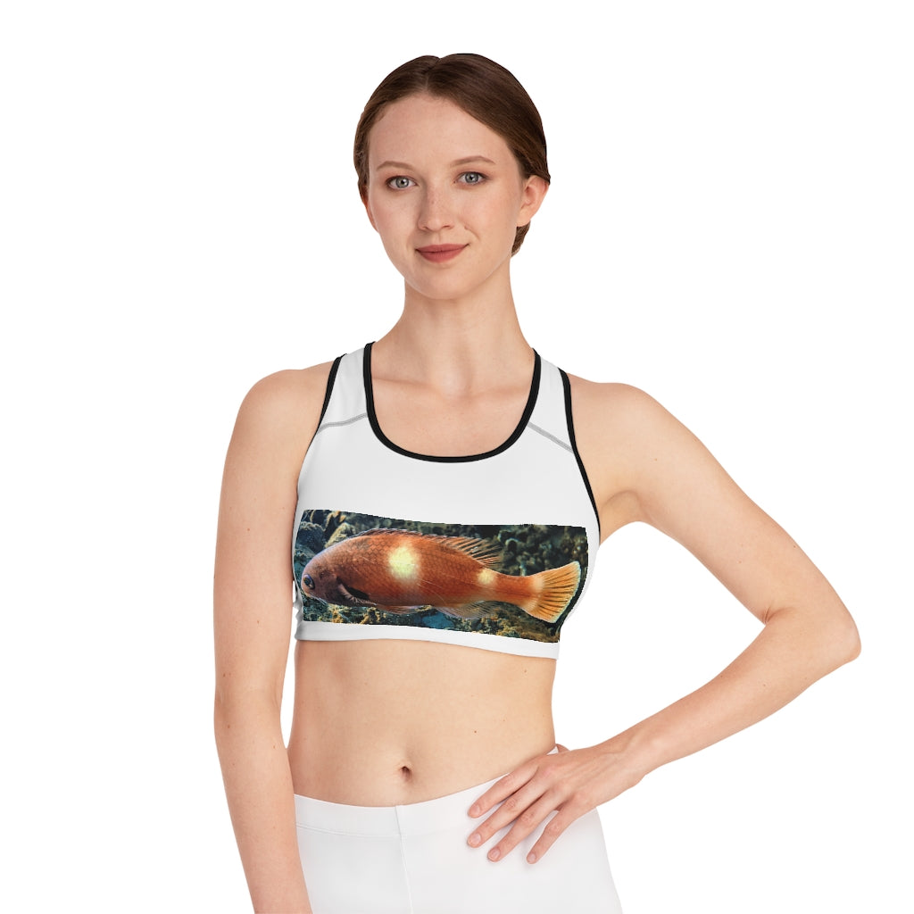 Orange Fish Sports Bra featuring a vibrant all-over-print design, double-layer front, and comfortable compression fit, ideal for active women.