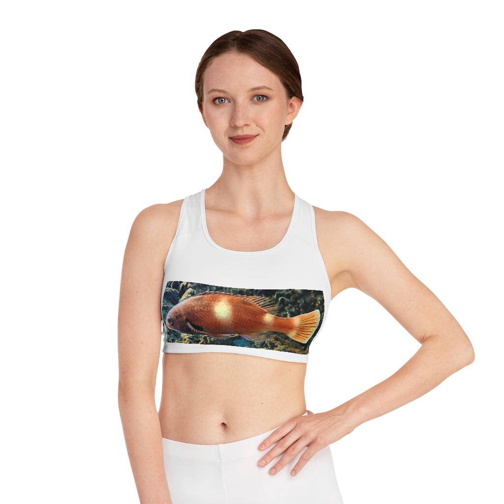 Orange Fish Sports Bra featuring a vibrant all-over-print design, double-layer front, and comfortable compression fit, ideal for active women.