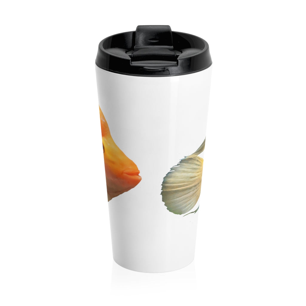 Orange Fish Stainless Steel Travel Mug with black lid, showcasing vibrant sublimation printing and a sleek design.