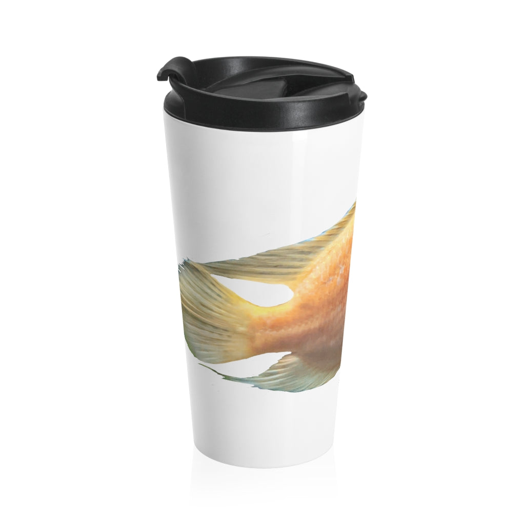 Orange Fish Stainless Steel Travel Mug with black lid, showcasing vibrant sublimation printing and a sleek design.