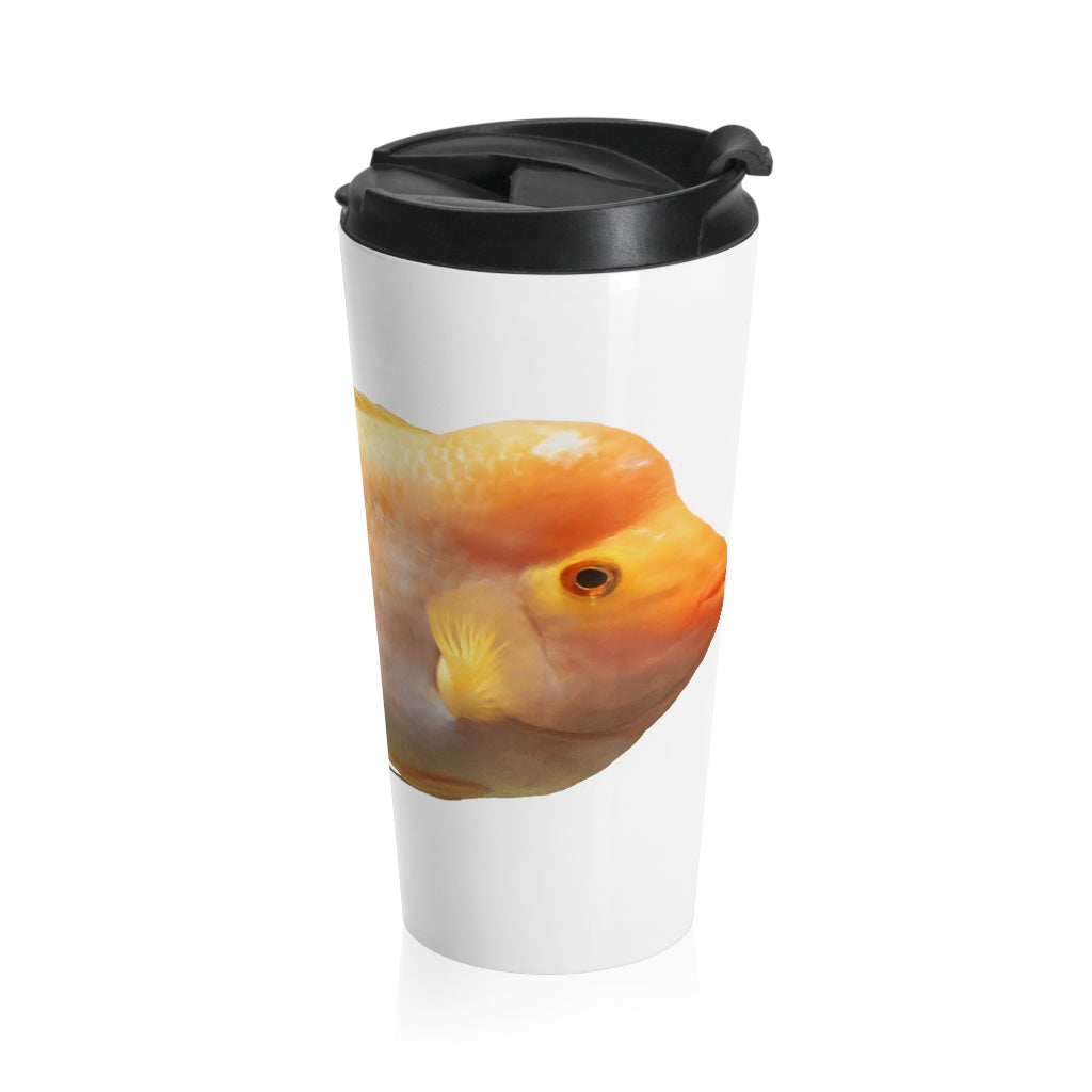 Orange Fish Stainless Steel Travel Mug with black lid, showcasing vibrant sublimation printing and a sleek design.