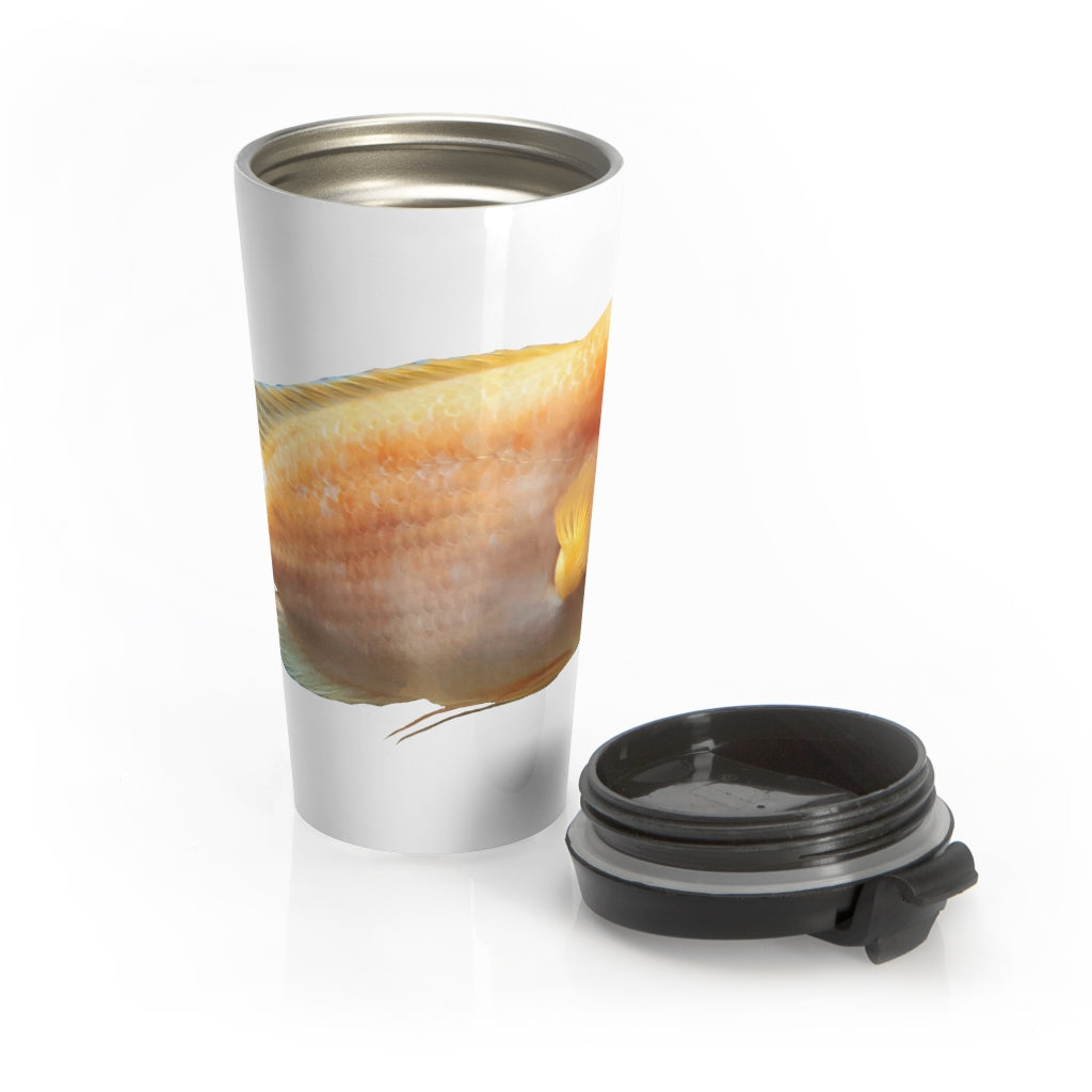 Orange Fish Stainless Steel Travel Mug with black lid, showcasing vibrant sublimation printing and a sleek design.