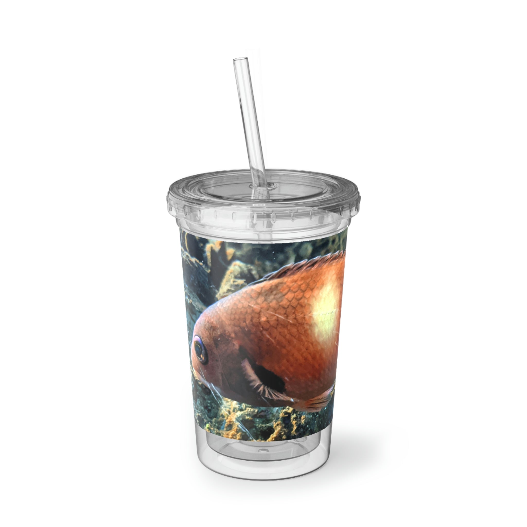 Orange Fish Suave Acrylic Cup with double-wall insulation and customizable design, perfect for hot and cold beverages.