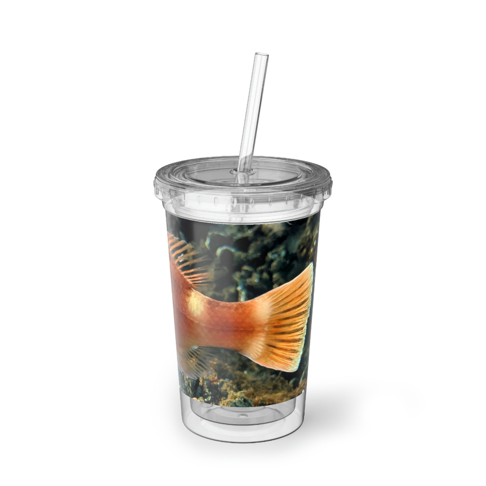 Orange Fish Suave Acrylic Cup with double-wall insulation and customizable design, perfect for hot and cold beverages.