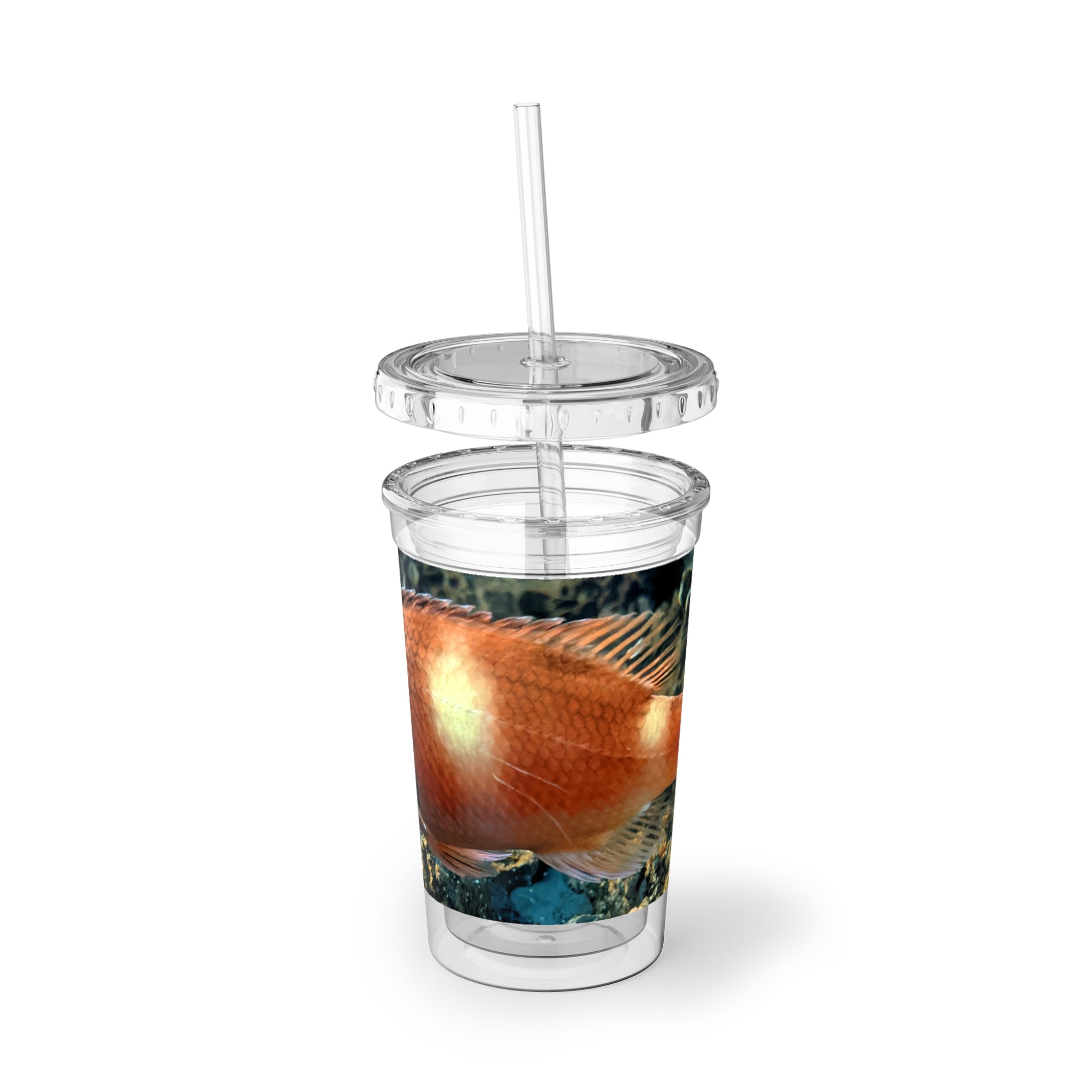 Orange Fish Suave Acrylic Cup with double-wall insulation and customizable design, perfect for hot and cold beverages.